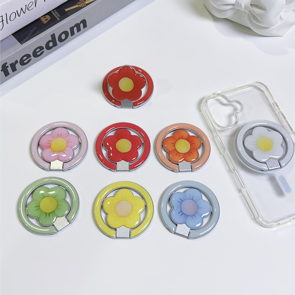 Phone Accessories Holder Car - ที่วางโทรศัพท์แบบแม่เหล็กพับได้ลายดอกไม้ พร้อมแหวนจับกันตก ขาตั้งโทรศัพท์อเนกประสงค์สำหรับตั้งโต๊ะ ใช้ได้กับ iPhone และ
